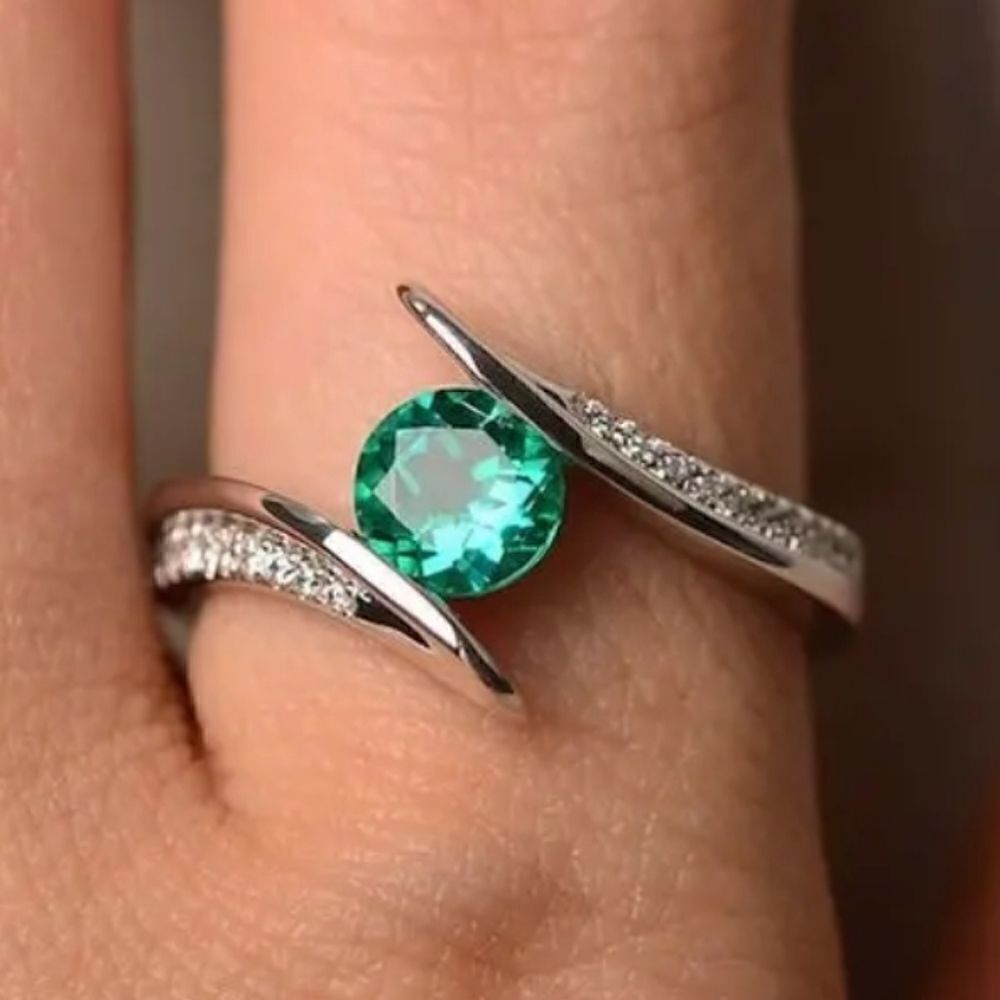 Green Emerald And Zircon Gemstone Ring Silver Plated